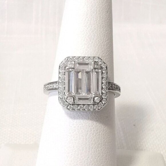 Sterling Silver Baguette cut CZ Ring with Halo size 6.75 - Picture 2 of 9